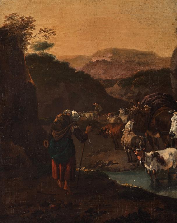 Jan Frans Soolmaker, Shepherd with Sheep, Cows and Goats in a Landscape.