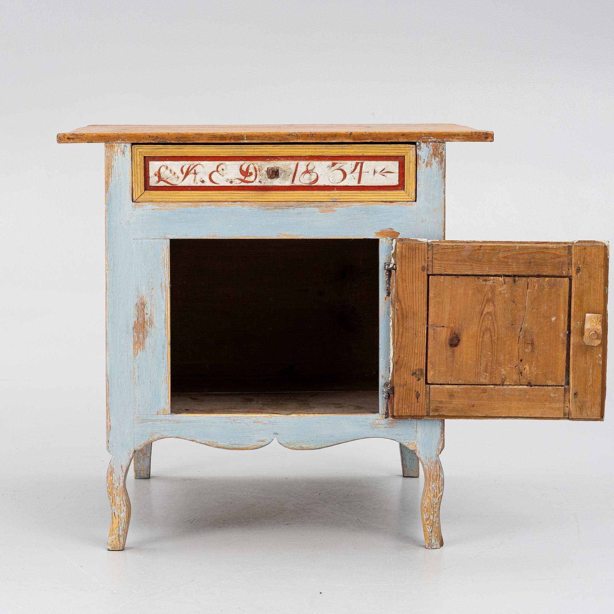 A Swedish folk art polychrome-painted table from Järvsö, Hälsingland, dated 1834.