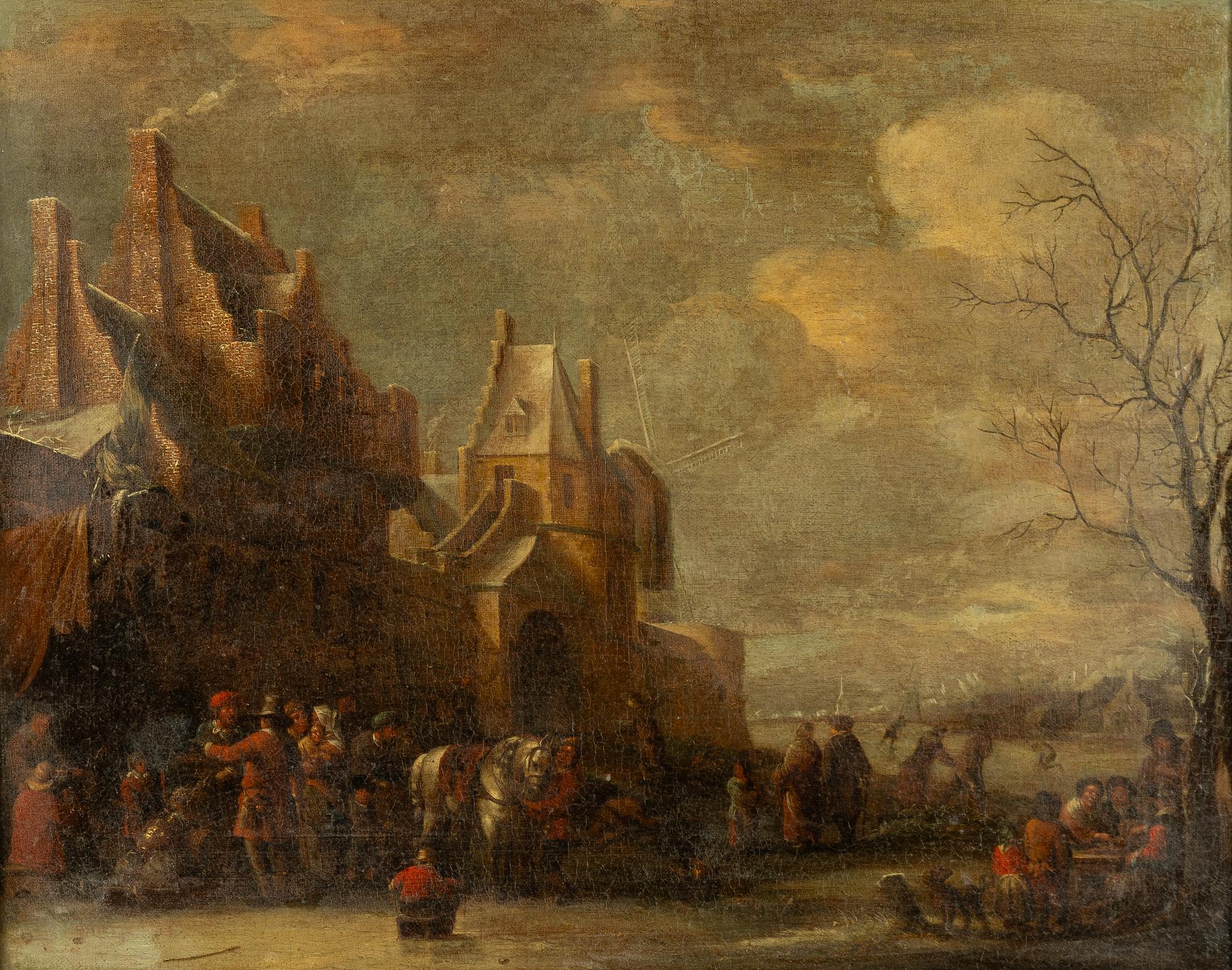 Dirck Maas, hans krets, Vinterbild med människor utanför staden.