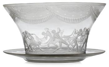 757. A Simon Gate 'Slöjdansen' glass bowl with stand, Orrefors 1929.