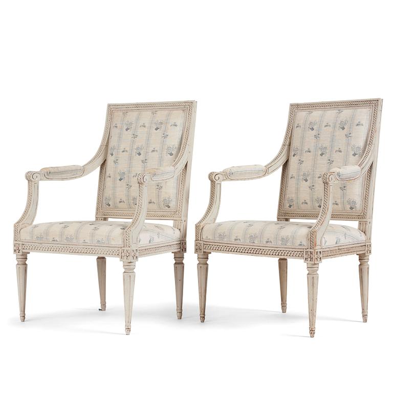 A pair of Gustavian open armchairs by J. Lindgren (master in Stockholm 1770-1800).