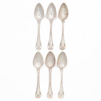 Olaus Andersson, matskedar, 6 st, silver, modell "Gammal fransk", Halmstad 1901-1902.