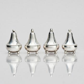Georg Jensen, four sterling silver casters, design Harald Nilesen, Copenhagen 1933-44, one Copenhagen after 1945.