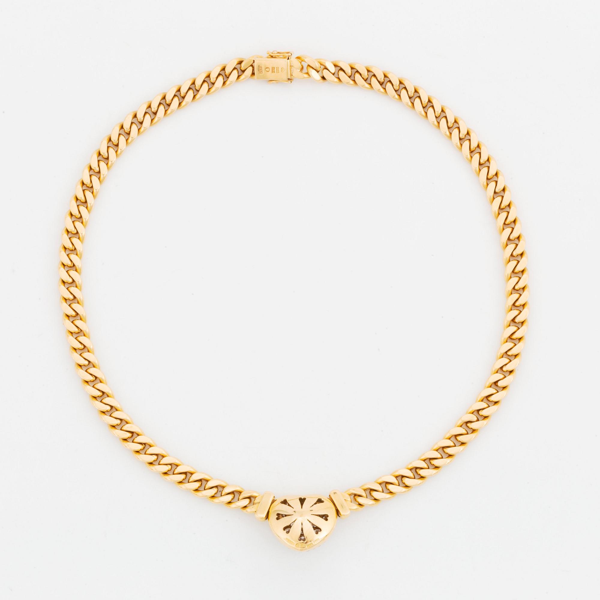 An 18K gold necklace set with round brilliant-cut diamonds.