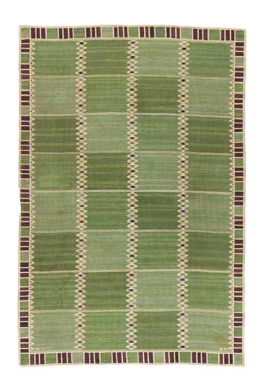 Barbro Nilsson, matto, "Salerno grön med enkel bård", flat weave, ca 295 x 197-198,5 cm, signed AB MMF BN.