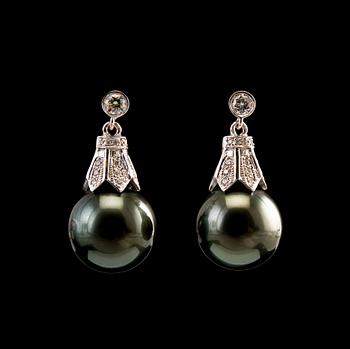 385. A PAIR OF EARRINGS, tahitian pearls 14 mm, brilliant cut diamonds c. 0.66 ct. 18K white gold. Length 2,5 cm.