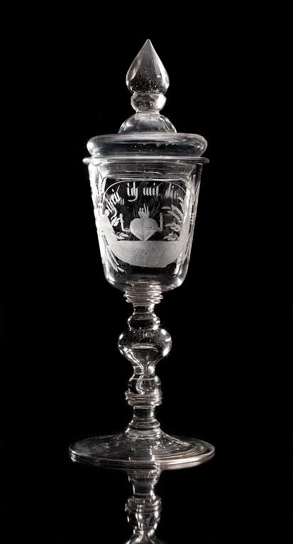 An engraved beaker and cover, Germany/Bohemia, 18th Century.
