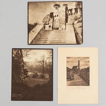 Henry B. Goodwin, tre fotogravyrer, Vårt vackra Stockholm sign i negativet. Bragevägen, Floras kulle, Engelbrektskyrkan.