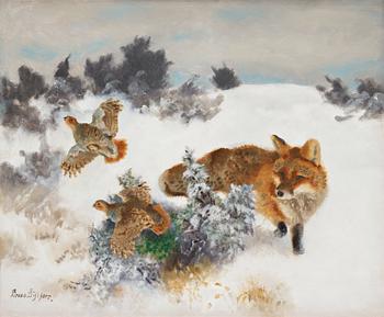 Bruno Liljefors, Fox and grouse in a winter landscape.