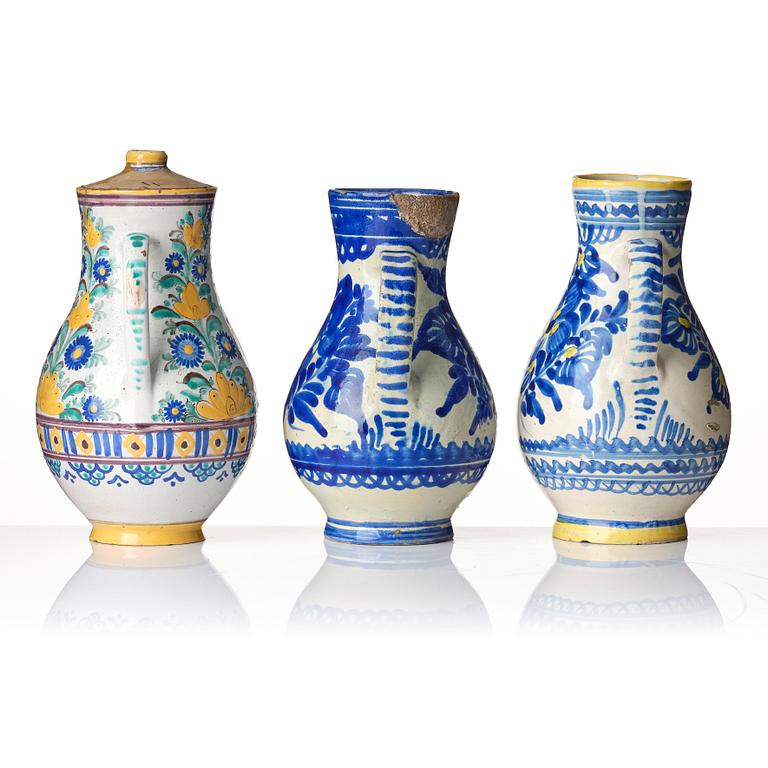 A group of seven European faiance and earthenware pitchers, partly France and Italy 19th century.