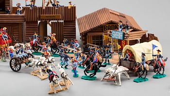 A SET OF WESTERN FIGURES AND FORT BY OEHME & SÖHNE GERMANY AND TIMPO TOYS ENGLAND.