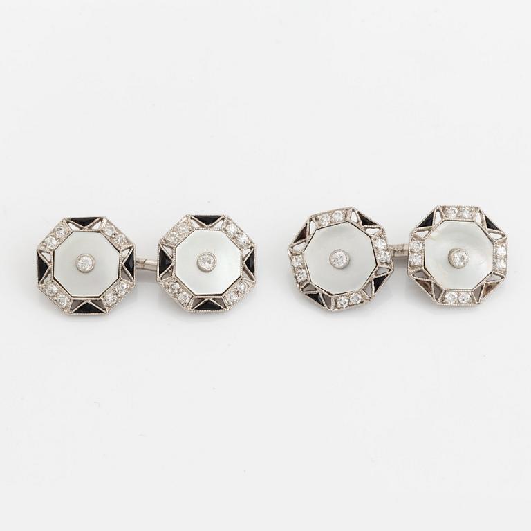 A pair of platinum and mother of pearl cufflinks set with round brilliant- and eight-cut diamonds and onyx.