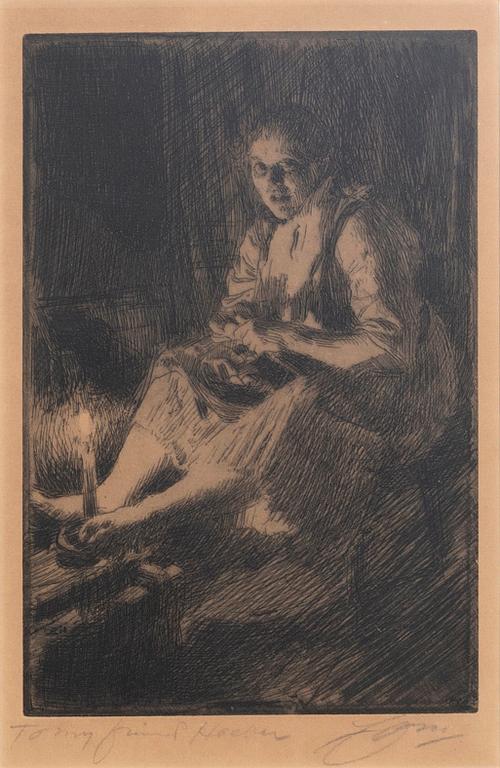 Anders Zorn, etsning, 1905, signerad med dedikation.
