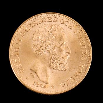 GULDMYNT, 10 kronor, Oscar II, 1894.  Vikt ca 5 gram.