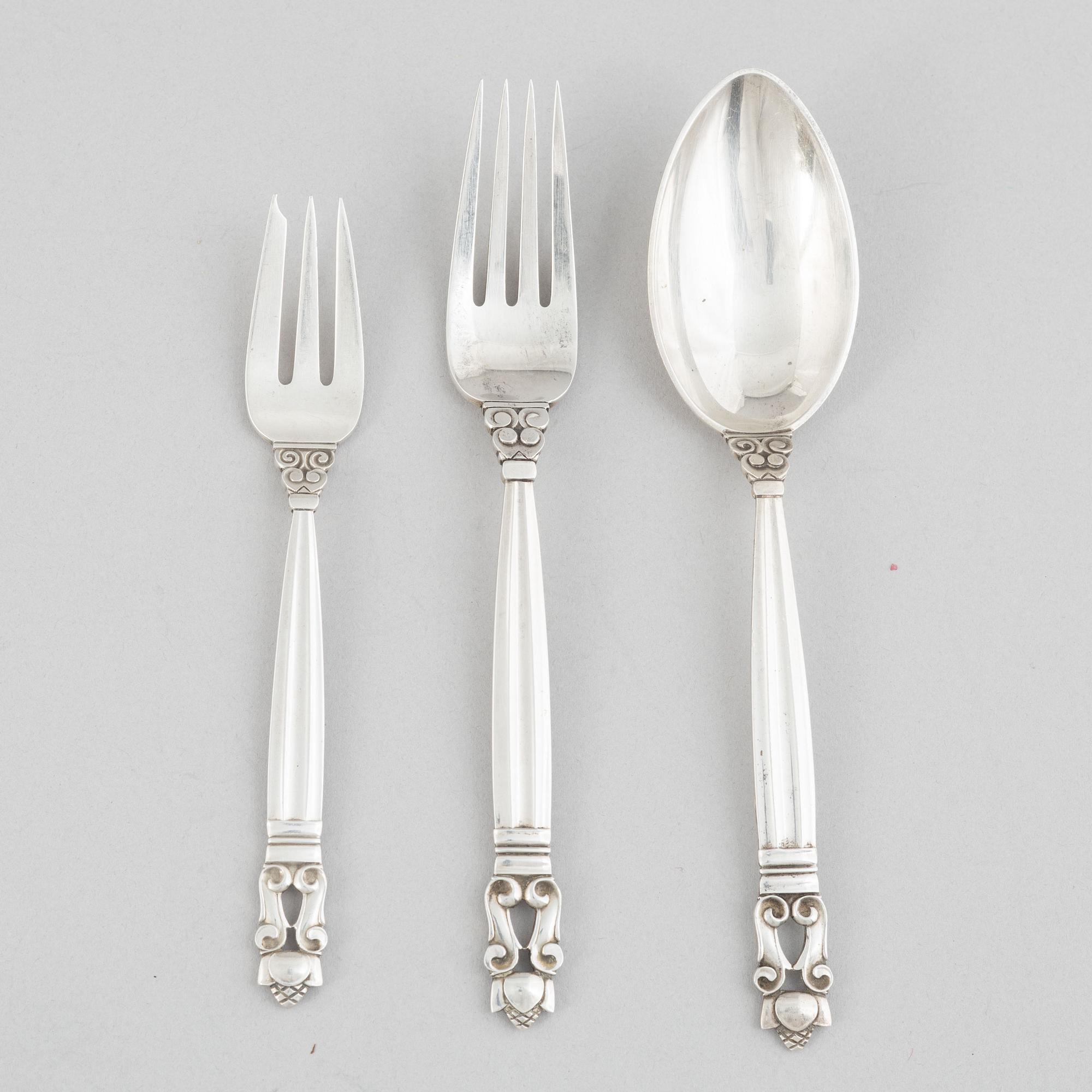 Georg Jensen, sterling silver cutlery, 21 pieces, model 'Acorn/Konge', design Johan Rohde, Copenhagen after 1945.
