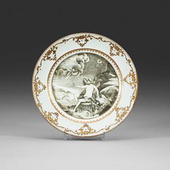 A 'European Subject' grisaille dinner plate with a mythological scene, Qing dynasty, Qianlong (1736-95).