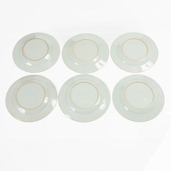 A group of six Chinese blue and white export porcelain plates, Qing dynasty, 18th century.