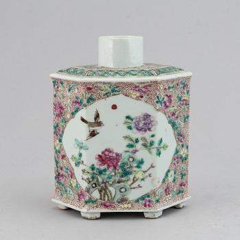 A large famille rose tea caddy and a cloisonne vase, Qing dynasty, late 19th century, and China, 20th century.