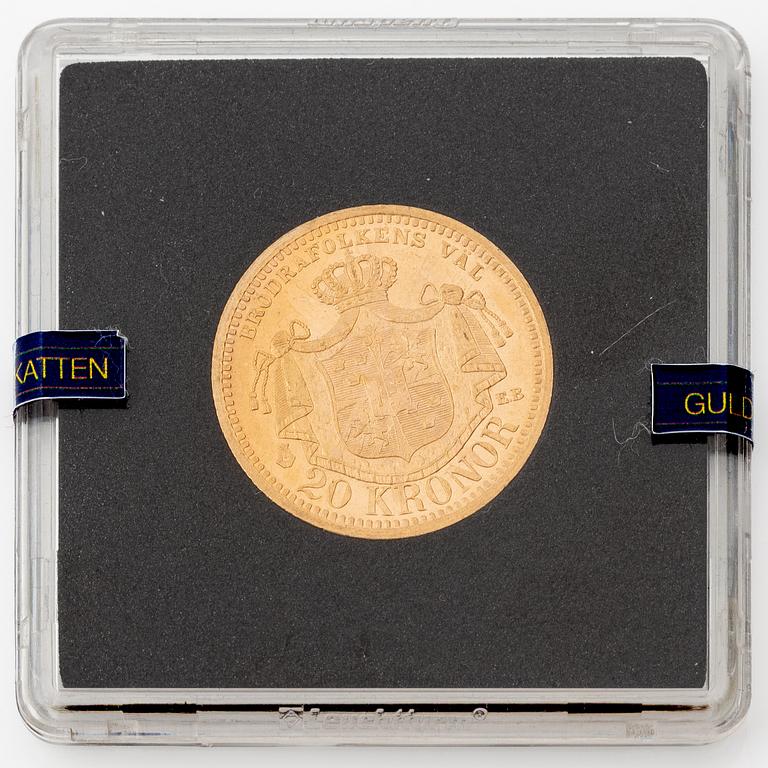 Gold coin, Oscar II, 20Kr, Type IV, Sweden year 1900.
