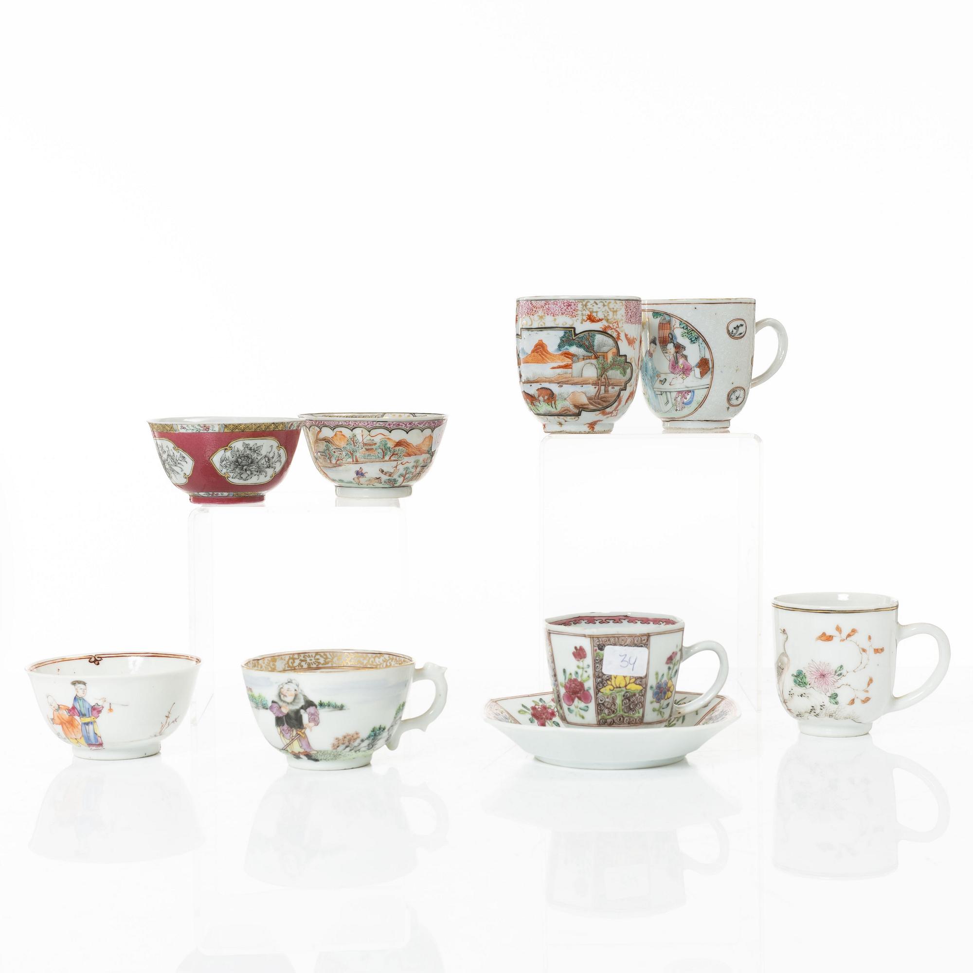 Koppar, åtta stycken, porslin. Qingdynastin, 1700-tal.