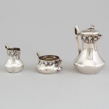 An Art Nouveau three piece silver 830/1000 coffee service, unknown maker.