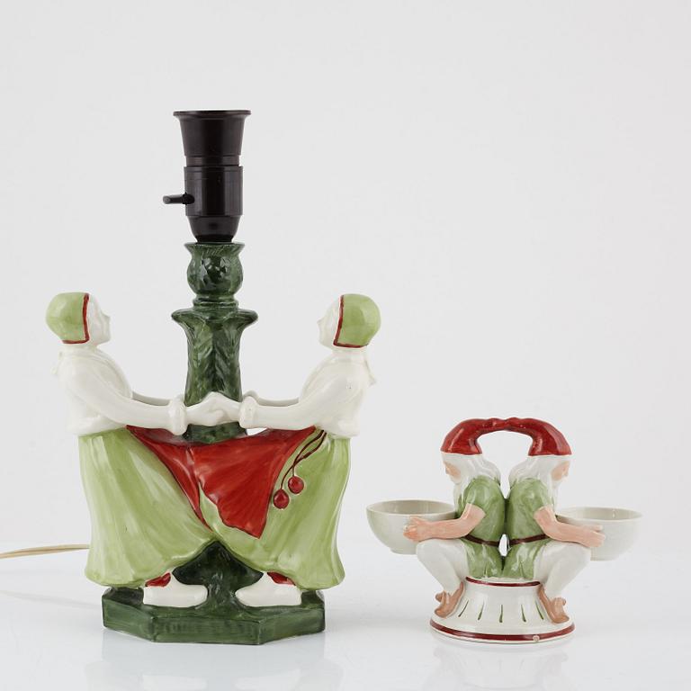Hilma Persson-Hjelm, a candle stick/table lamp, and a salt cellar by Alf Wallander, Jugend, Sweden, ealry 20th century.