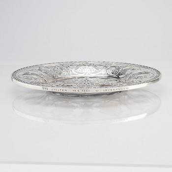 An ornate silver and glass dish, mark of W.A. Bolin, Stockholm 1920.