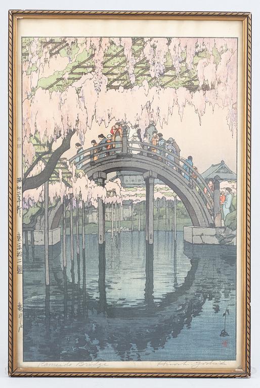 Hiroshi Yoshida, after, a colour woodblock print "Kameido Bridge", Japan, 20th century.