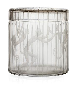 An Edward Hald engraved glass jar with cover, Orrefors 1951.