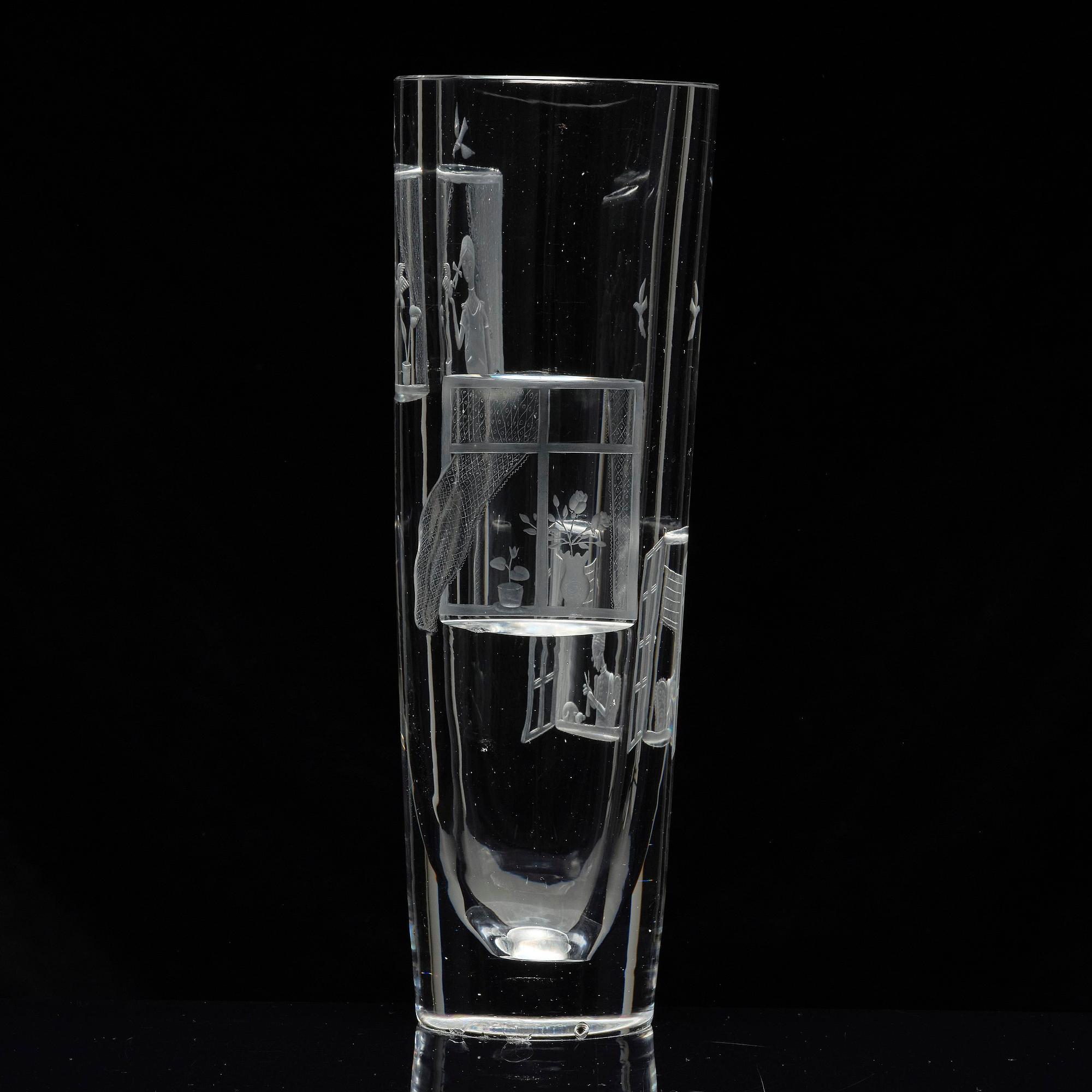Tapio Wirkkala, a rare engraved "Finestra" glass vase, Iittala, Finland, 1947, model 3220, engraved by Theodor Käppi.