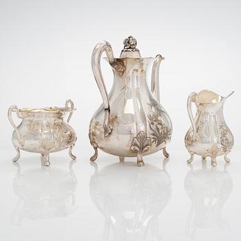 Kaffeservis, 5 delar, silver, Osuusliike Kultaseppä r.l., Åbo 1937, och T.J. Lahti, Viborg 1922.