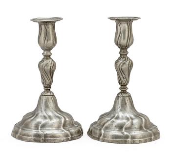 659. A pair of Rococo pewter candlesticks by Anders Morström (Falun 1778-1784/87).