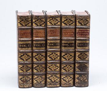 BÖCKER, 5 vol, "Doct. Johan Tillotsons Utwalda predikningar, ifrån ängelska...". Tyckt hos Johan Georg Lange. 1765-1770.