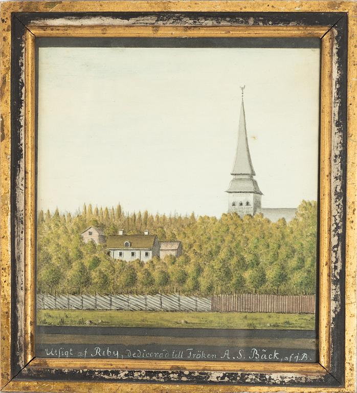 Svensk konstnär, omkring 1800. "Utsigt af Riby, dedicerad till Fröken A.S. Bäck , af JB".