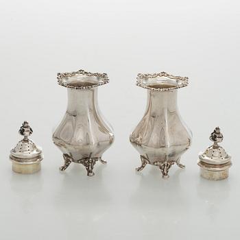 Black Starr & Frost, a pair of sterling silver shakers and sugar bowls, USA around 1900, Gorham pair of sterling spoons.