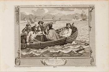 WILLIAM HOGARTH, three copper etchings, "The Cockpit", 1759 and plate 5 and 6 from "Industry and Idleness", 1747.
