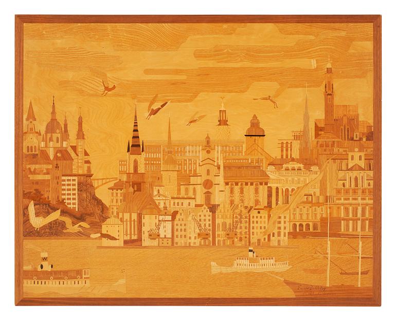 EWALD DAHLSKOG och ROLF LEHMAN, intarsiarelief, Svenska Möbelfabrikerna, Bodafors, 1930-tal.