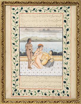 Unidentified artist, Erotic scenes in palace interiors, India, 19/20th century. Two paintings.