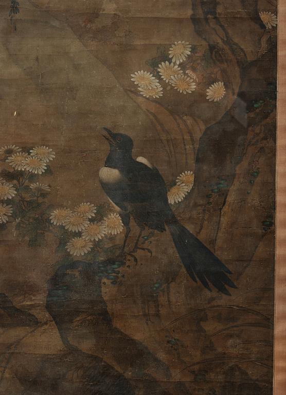 A finely painted garden scene with magpies by an anonymous artist, Qing dynasty, presumably 18th century.