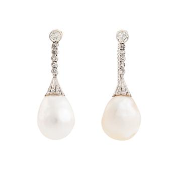 412. A pair of 18K gold and pearl earrings set with old- and rose-cut diamonds.