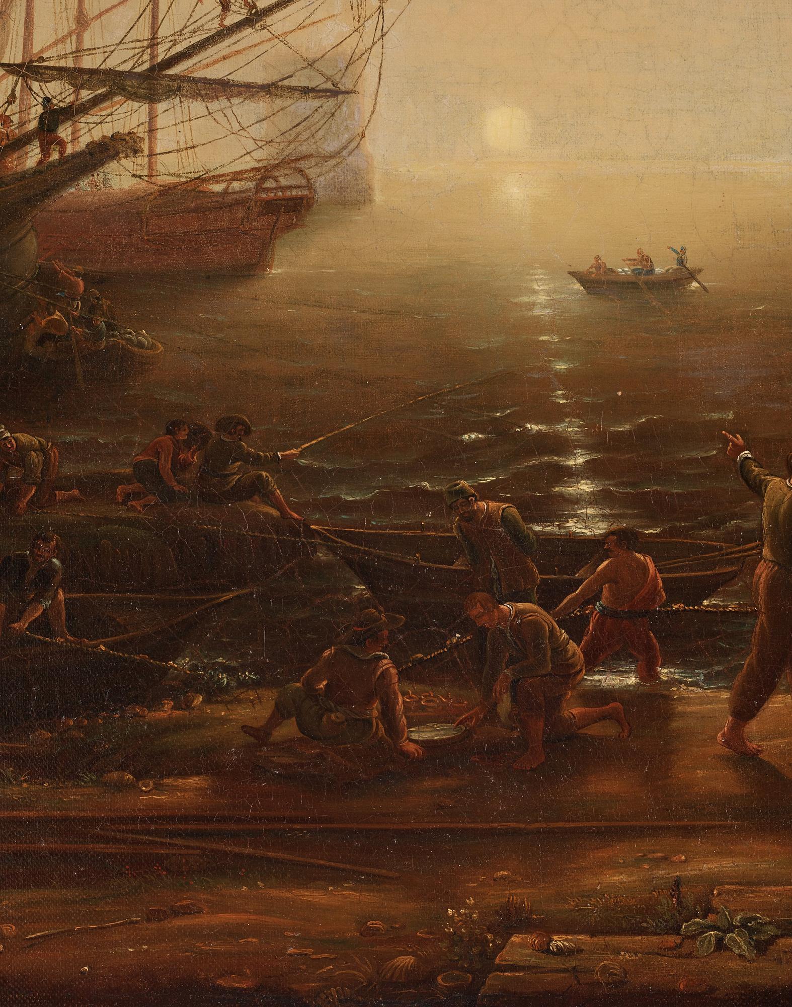 Hamnbild med Villa Medici och handelsmän.