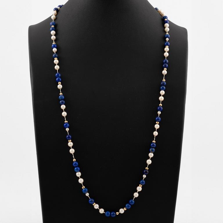 Collier lapis lazuli och odlade pärlor med rondeller.