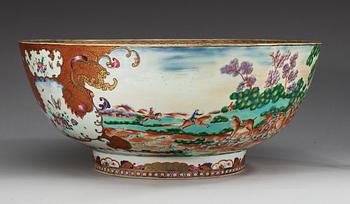 A large famille rose 'European Subject' Hunting punch bowl, Qing dynasty, Qianlong (1736-95).