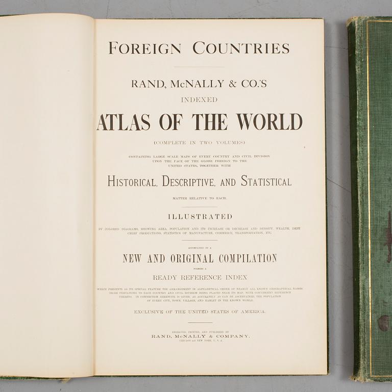 ATLAS, 2 vol, "New indexed Atlas of the world" USA respektive övriga världen, Rand McNally år omkring år 1900.