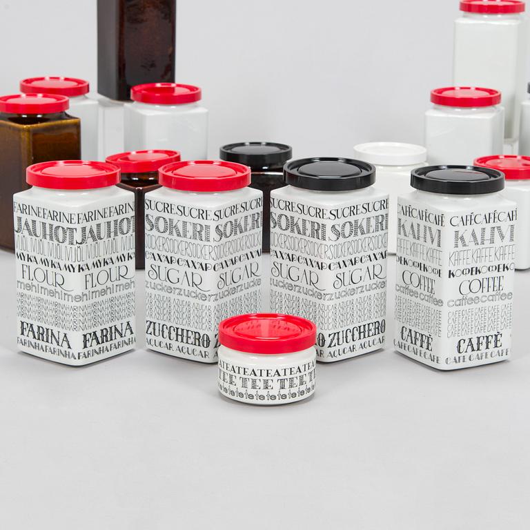 Esteri Tomula, purkkeja 17 kpl, "FF", keramiikkaa, Arabia 1960-luku.