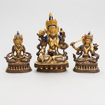 Buddha-skulpturer, 3 st, brons, Tibetokinesiska, 1900-tal.