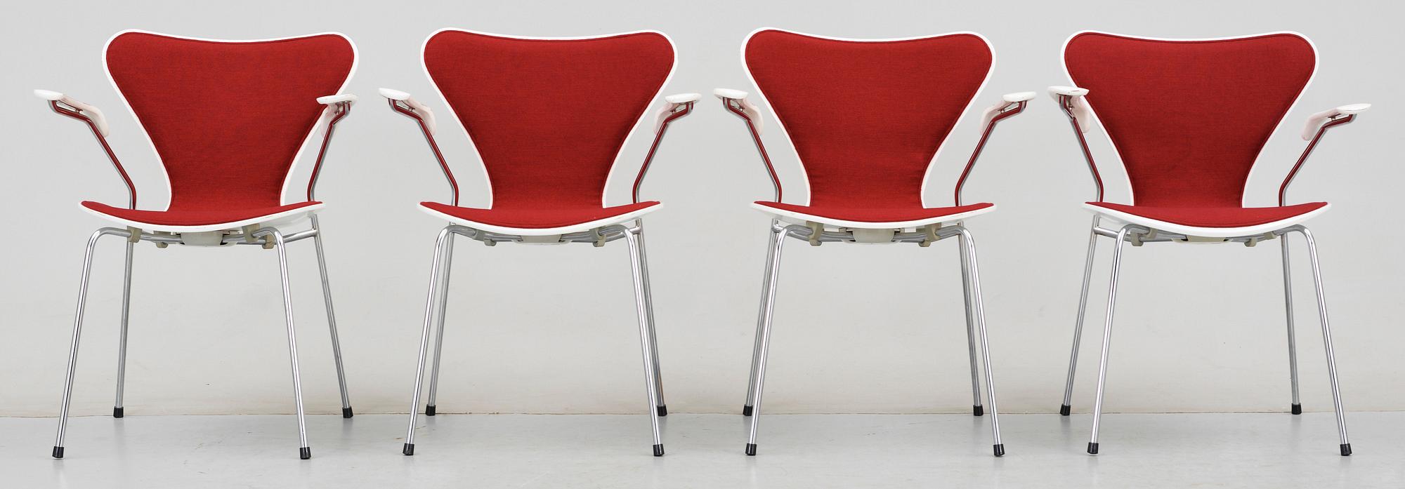 KARMSTOLAR, 4 st, "Sjuan", Arne Jacobsen, Fritz Hansen, formgiven 1955.