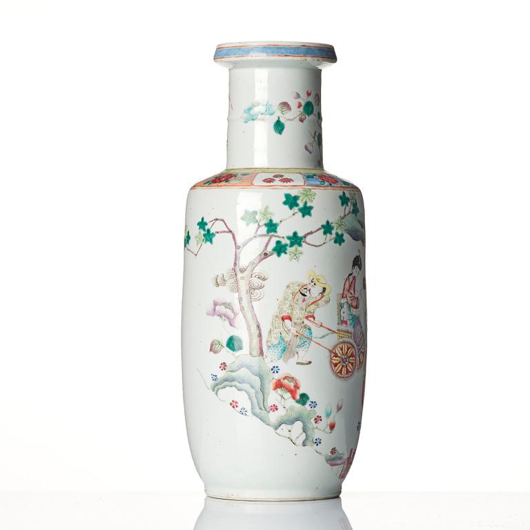 A famille rose roleau vase, late Qing dynasty.