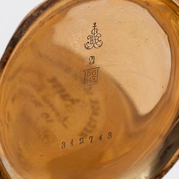 Pocket watch, Borel Neuchatel, 53 mm, 14K gold, lever escapement, plastic crystal.