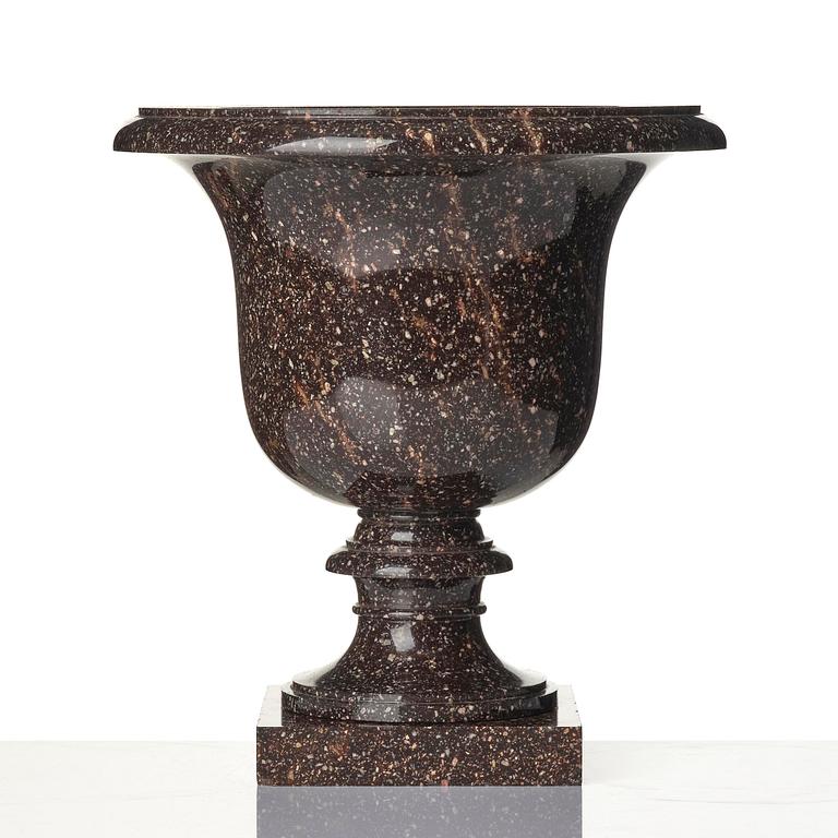 A Swedish Empire 'Blyberg' porphyry Medici shaped urn, early 19th century.